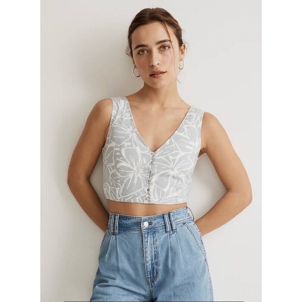 Madewell $78 Linen Blend Gwen Crop Vest Top Abstract Flora Size 14 NJ658